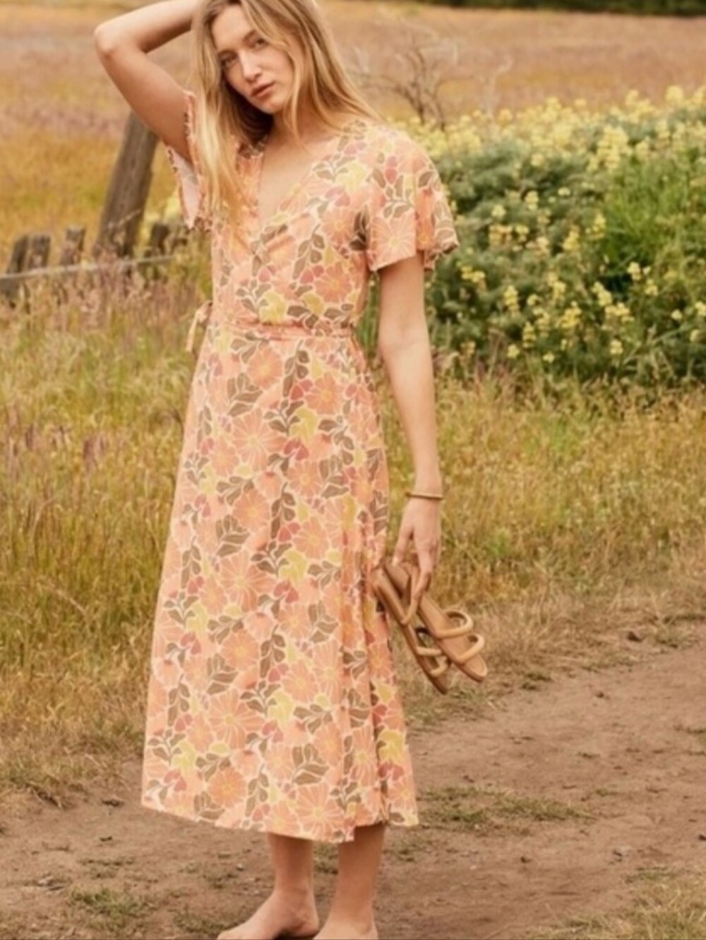 Marine Layer Emlyn Peach Floral Wrap Maxi Dress